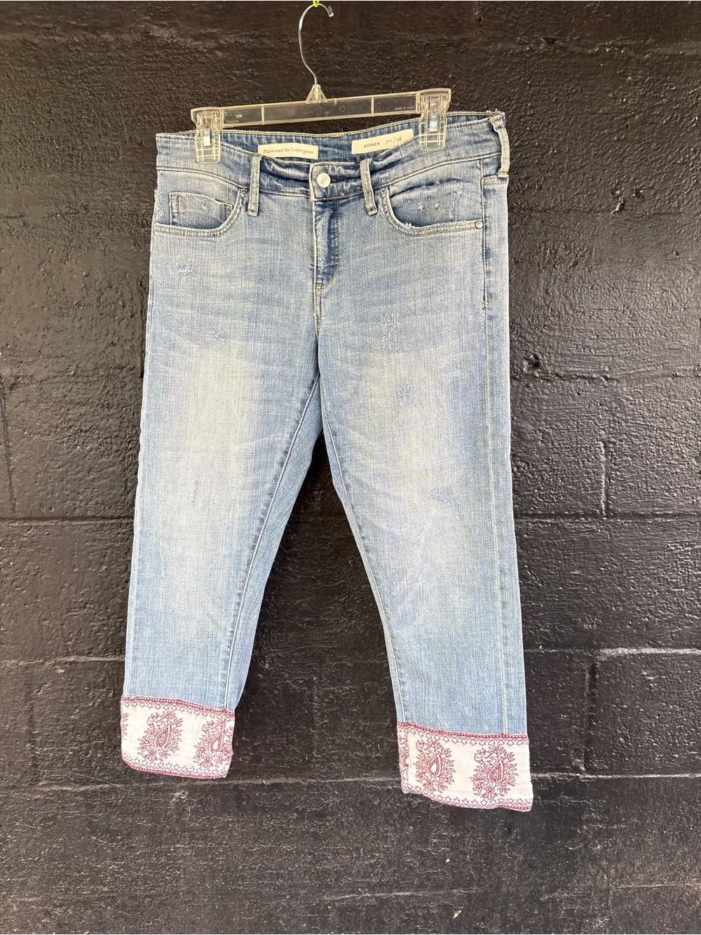 Pilcro and the Letterpress Hyphen Blue Cropped Jeans with Red Printed Cuffs